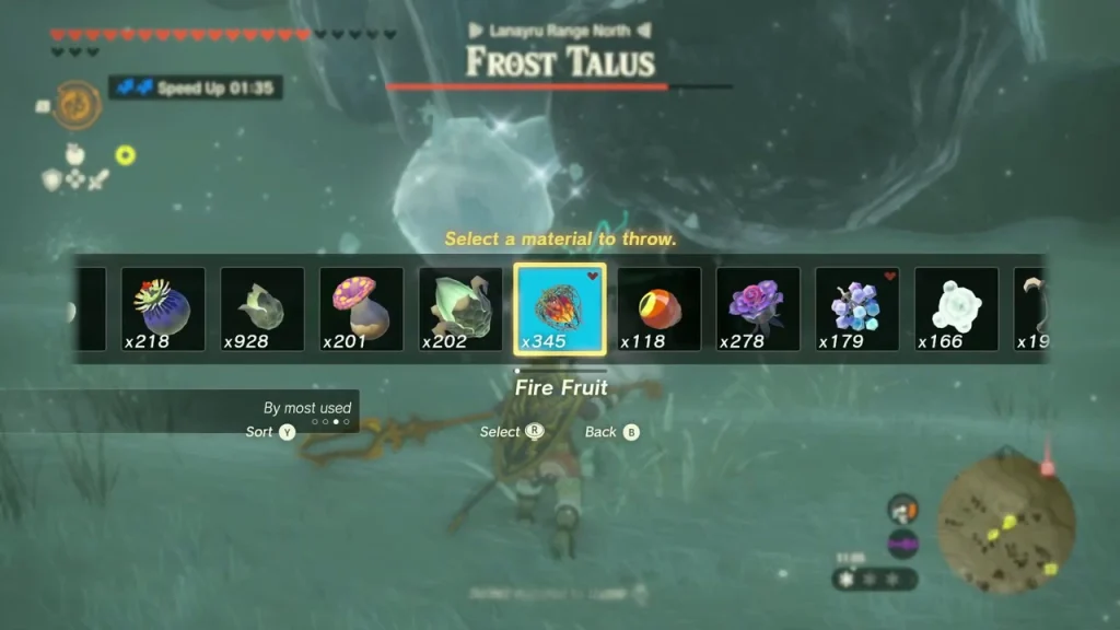 Fire Fruit selected to throw at the Frost Talus Fire Fruit selected to throw at the Frost Talus
