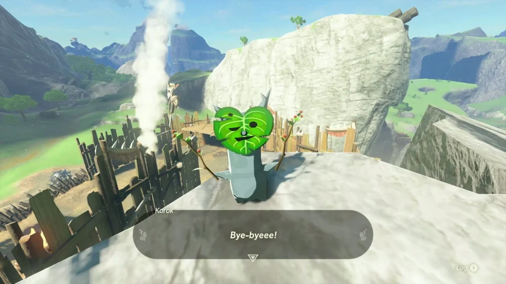 Korok waving from the top of a snow-white rock beside the camp fence Korok waving from the top of a snow-white rock beside the camp fence