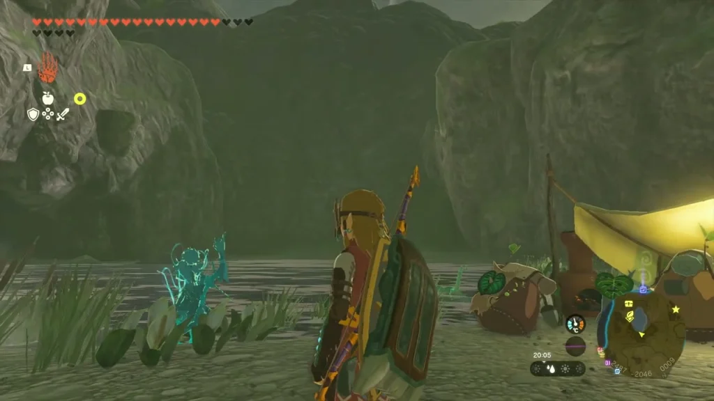 Pond shore with a tent and a Korok waiting by the water for its friend Pond shore with a tent and a Korok waiting by the water for its friend