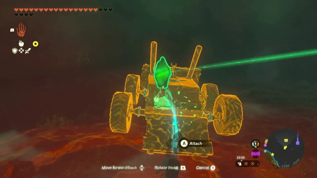Crystal fixed on a wheeled Ultrahand cart over a glowing orange lava floor Crystal fixed on a wheeled Ultrahand cart over a glowing orange lava floor