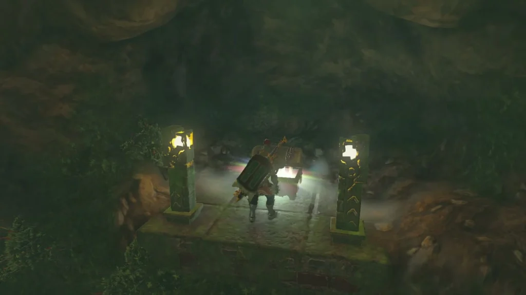 Stone platform between two glowing pillars with a chest being opened in a dark cave Stone platform between two glowing pillars with a chest being opened in a dark cave