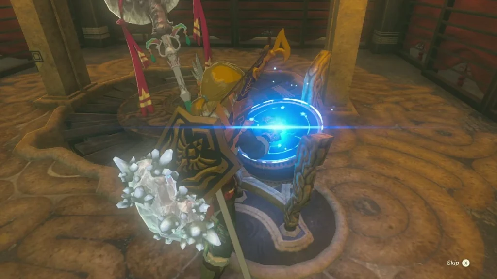 Blue Skyview Tower terminal activating beside the hero in a wooden room Blue Skyview Tower terminal activating beside the hero in a wooden room