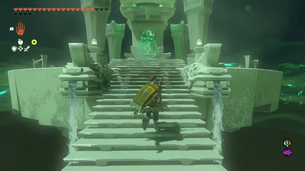 Pale stone shrine stairs over glowing teal water leading up to the shrine door Pale stone shrine stairs over glowing teal water leading up to the shrine door