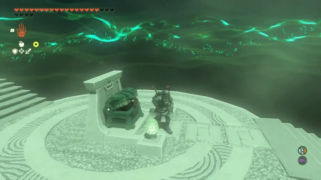 Open green chest on a stone pedestal inside Tokiy Shrine under a glowing teal sky Open green chest on a stone pedestal inside Tokiy Shrine under a glowing teal sky