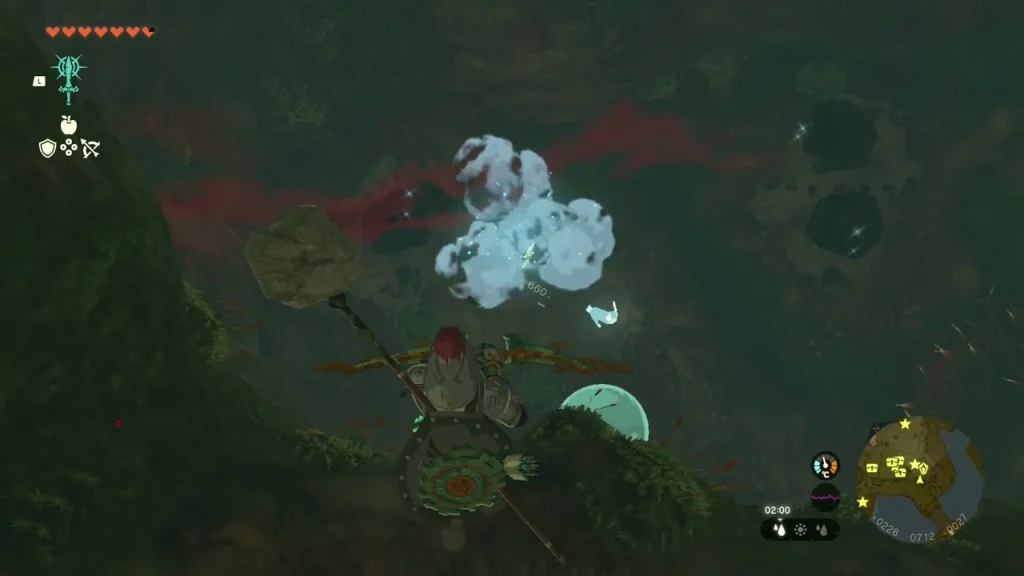 Bubbulfrog bursting into icy light after an arrow hit in a dark chasm