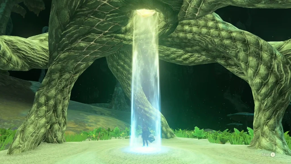 Lit Koro-nui Lightroot with grass growing at its base