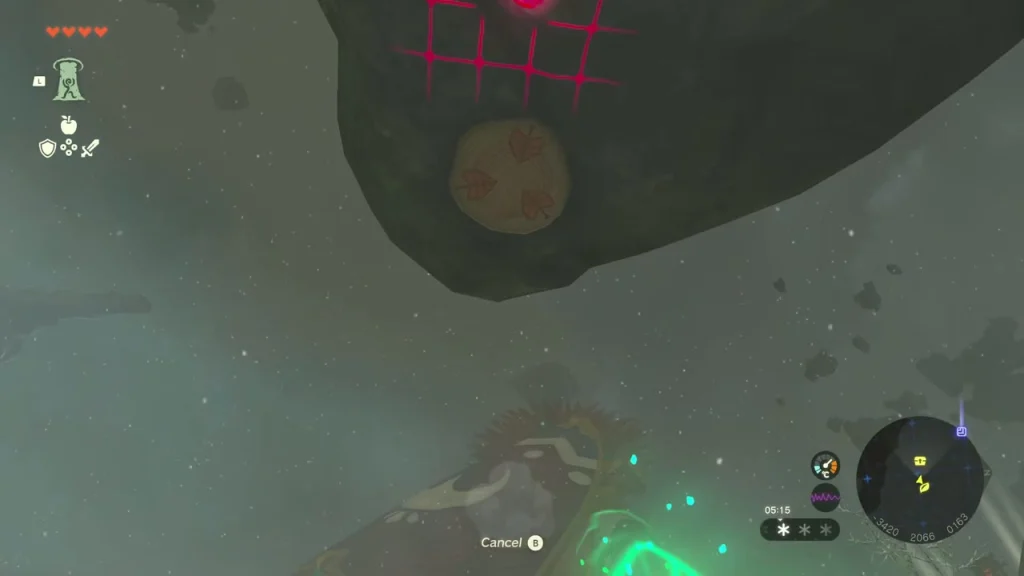 Green Ascend marker on the underside of a rocky overhang beside a snowy Bokoblin camp Green Ascend marker on the underside of a rocky overhang beside a snowy Bokoblin camp