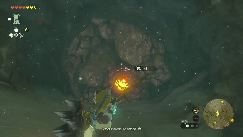 Flaming Bomb Flower arrow striking the pile of boulders over the cave mouth Flaming Bomb Flower arrow striking the pile of boulders over the cave mouth