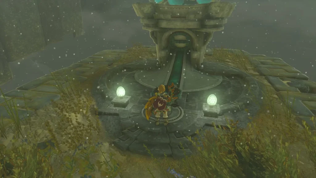 Zonai device dispenser on a circular stone base with two glowing lamps Zonai device dispenser on a circular stone base with two glowing lamps