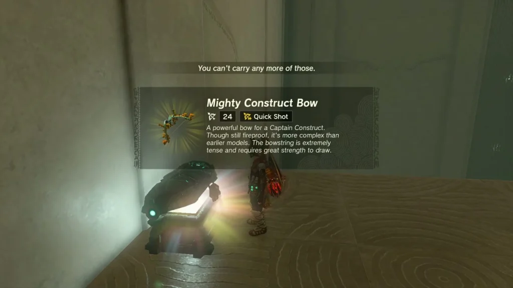 Mighty Construct Bow item box above the chest on the side platform in Gatakis Shrine Mighty Construct Bow item box above the chest on the side platform in Gatakis Shrine