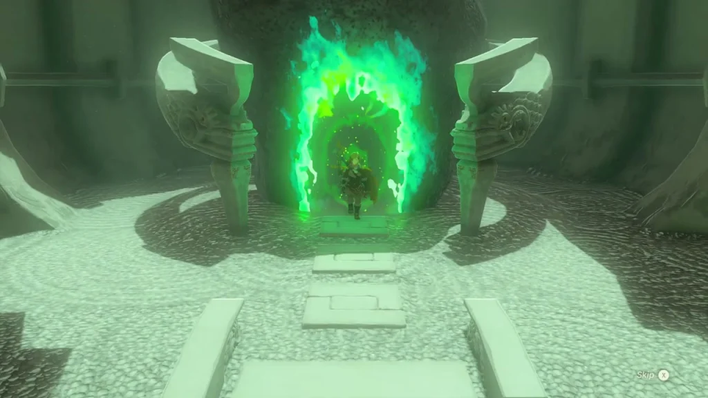 Ijo-o Shrine doorway lit by green flame at the end of its entrance path Ijo-o Shrine doorway lit by green flame at the end of its entrance path