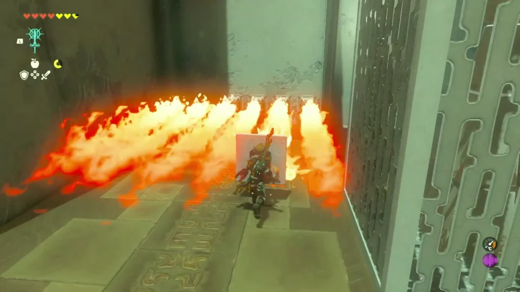 Stone slab shield held up to block a wall of flames in Ijo-o Shrine Stone slab shield held up to block a wall of flames in Ijo-o Shrine