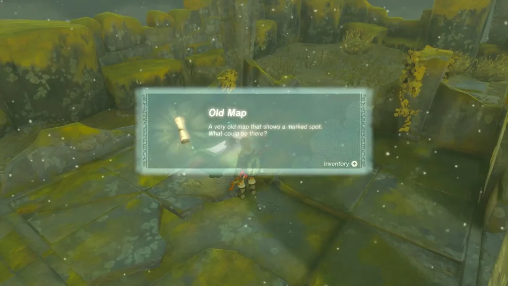 Old Map item box over the chest on the mossy ruined slabs Old Map item box over the chest on the mossy ruined slabs