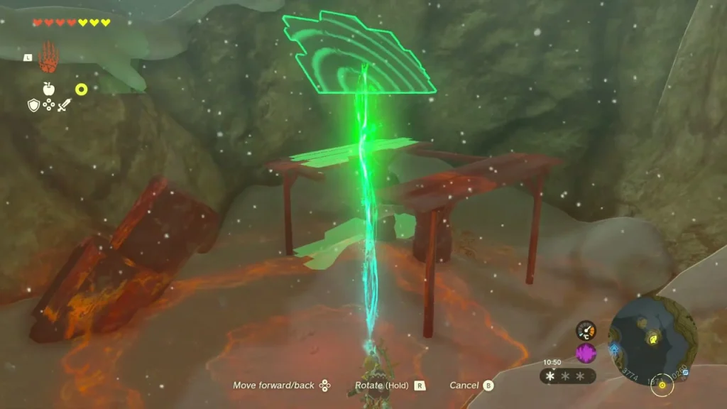 Green hologram of a roof plank above a small wooden shelter with a red table Green hologram of a roof plank above a small wooden shelter with a red table
