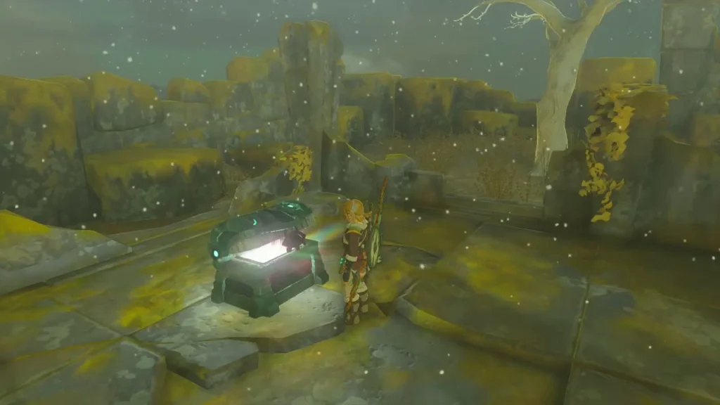 Glowing chest on a ruined stone slab on a South Hebra sky island Glowing chest on a ruined stone slab on a South Hebra sky island