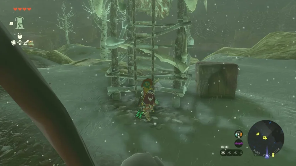 Skull-faced treasure chest on the platform of a wooden watchtower in a snowy Bokoblin camp Skull-faced treasure chest on the platform of a wooden watchtower in a snowy Bokoblin camp