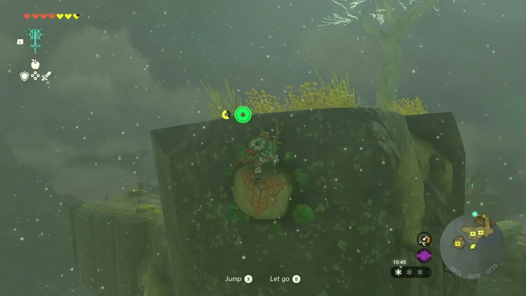 Korok tucked into a round niche in the side of a floating stone block Korok tucked into a round niche in the side of a floating stone block