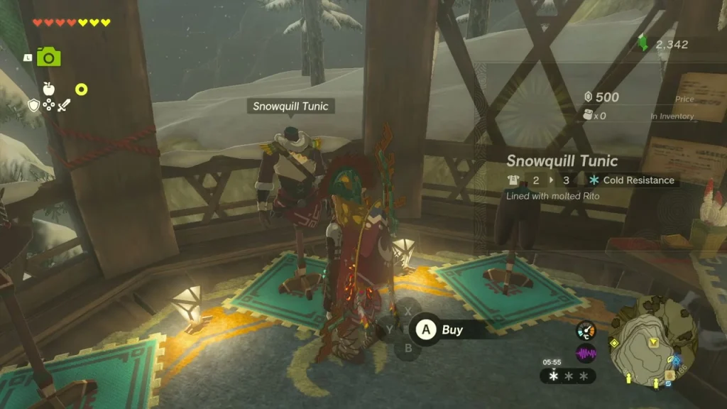 Snowquill Tunic on display in the Brazen Beak armor shop priced at 500 rupees Snowquill Tunic on display in the Brazen Beak armor shop priced at 500 rupees