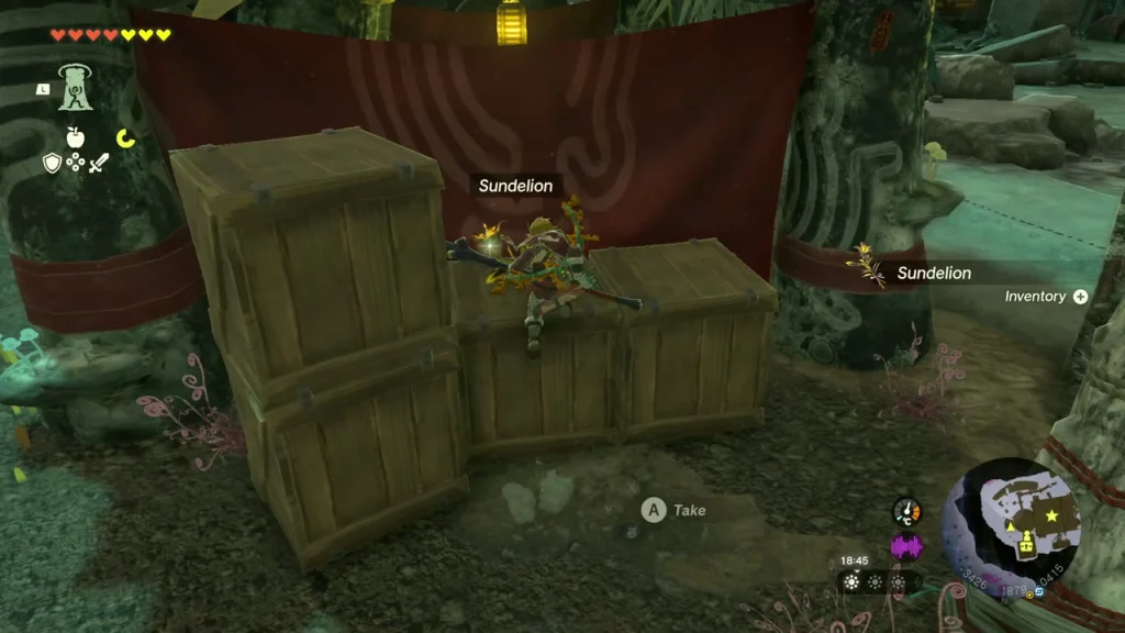 Crates holding Sundelion and Brightbloom Seed beneath a red Yiga banner Crates holding Sundelion and Brightbloom Seed beneath a red Yiga banner