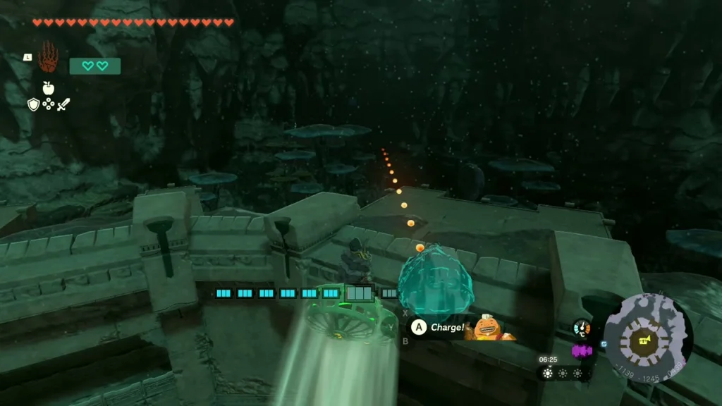 Zonai raft gliding over mushroom caps toward the Floating Coliseum