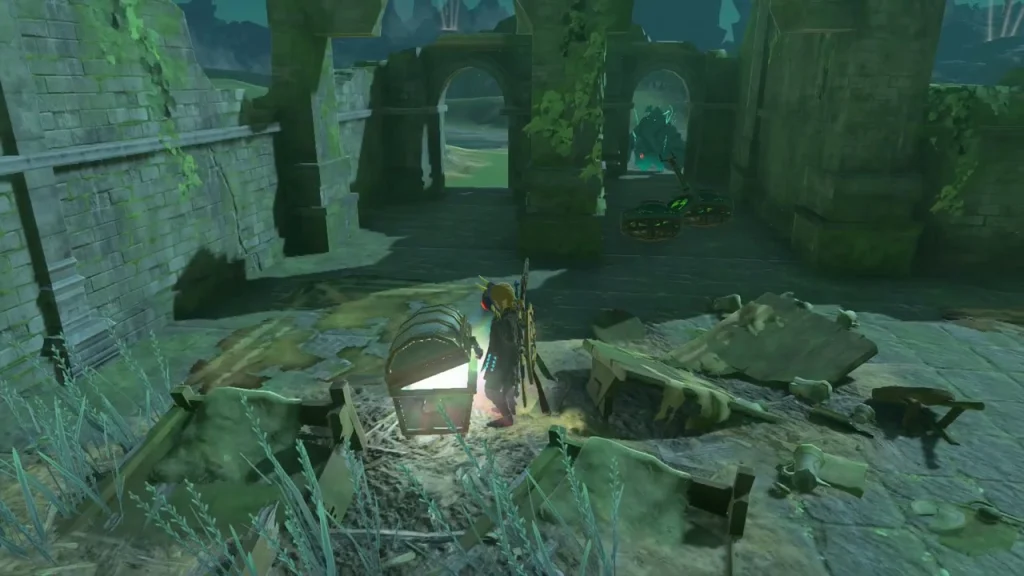 Chest sitting in a ruined stone arcade with a torch
