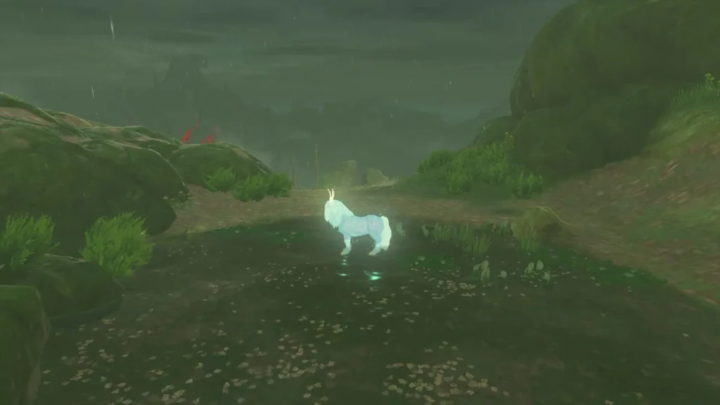 Glowing white spirit animal on the grass at Satori Mountain