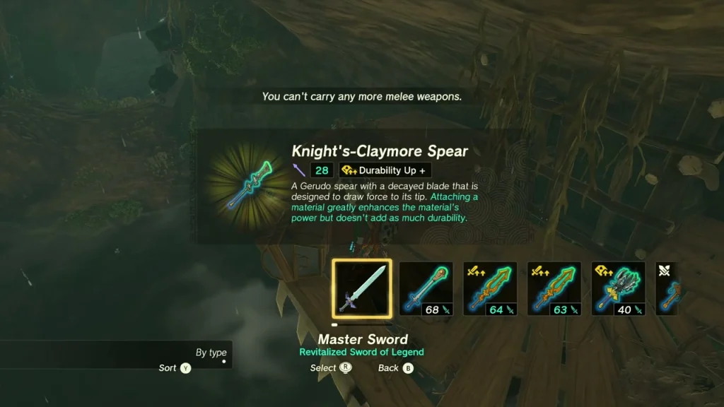Knight's-Claymore Spear from a chest on a wooden platform in the cave