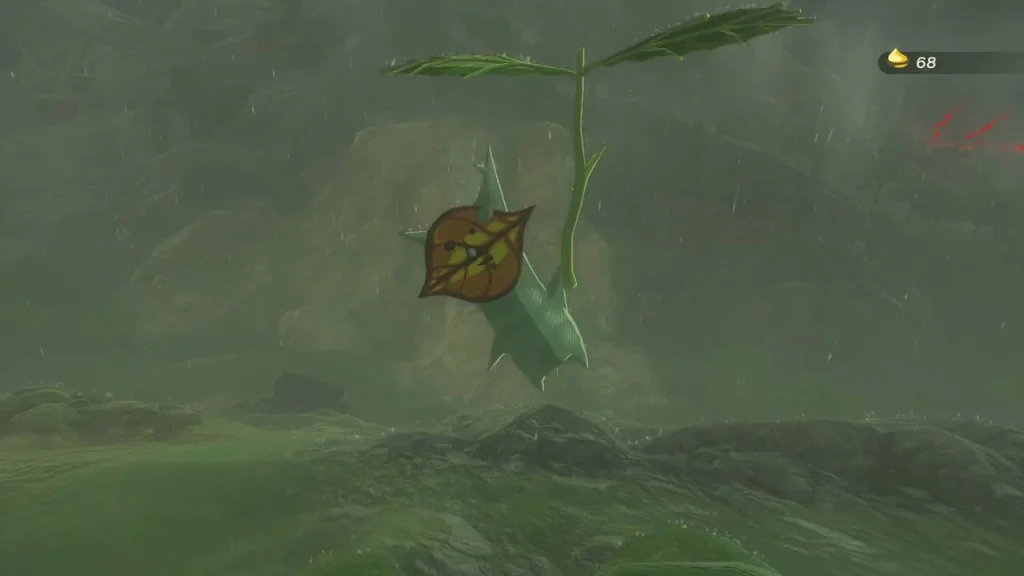Leaf Korok hanging on the cliff above the marker in the rain Leaf Korok hanging on the cliff above the marker in the rain