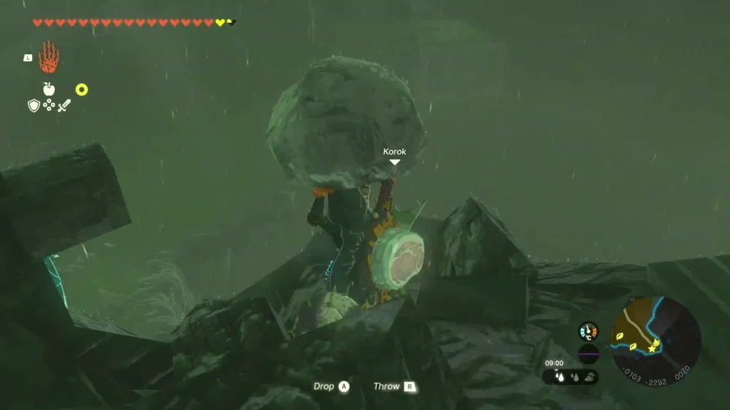 Boulder held overhead with Ultrahand above a Korok Boulder held overhead with Ultrahand above a Korok