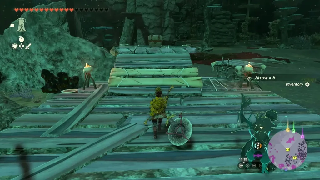 Raised wooden platform with torches and a chest in the Depths Raised wooden platform with torches and a chest in the Depths