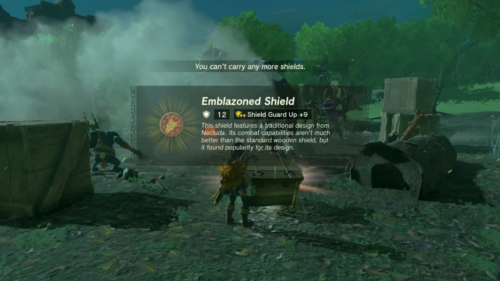 Emblazoned Shield item box beside a chest at the camp Emblazoned Shield item box beside a chest at the camp