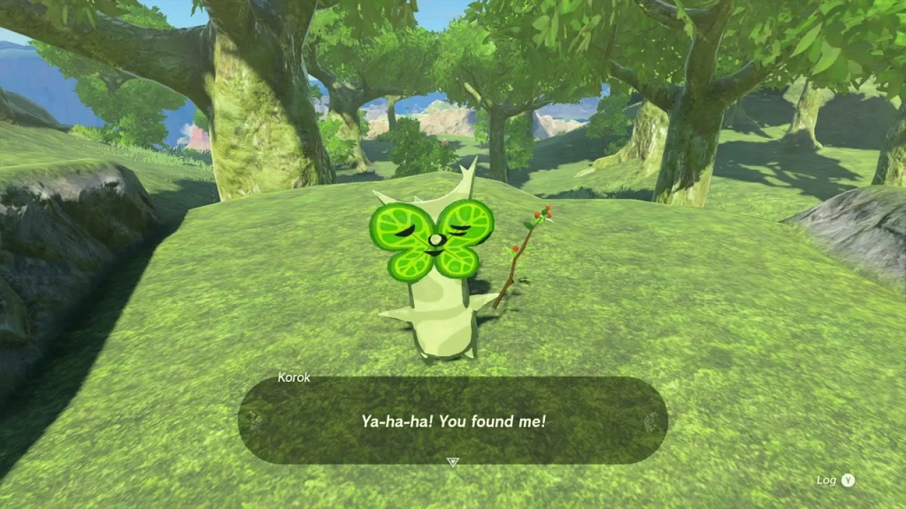 Leaf-clover Korok revealed at the end of the trail of flowers on a green ridge Leaf-clover Korok revealed at the end of the trail of flowers on a green ridge