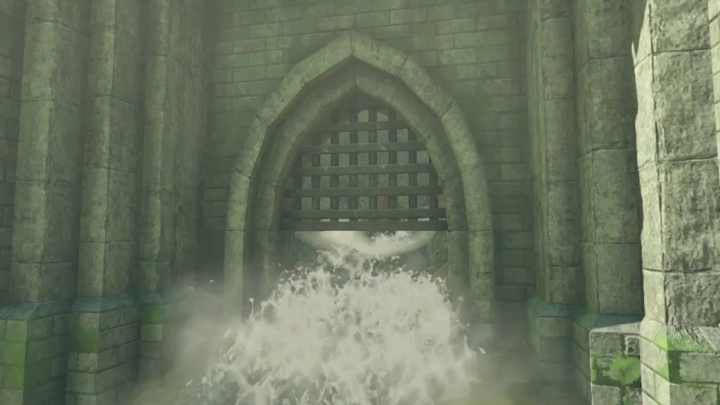 Stone gateway with a portcullis and water pouring out at the plateau entrance Stone gateway with a portcullis and water pouring out at the plateau entrance