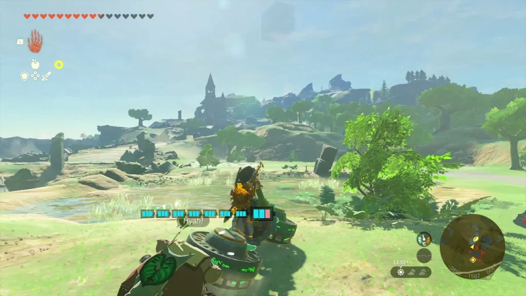 Zonai Wing carrying a Korok over the plateau with the castle in the distance Zonai Wing carrying a Korok over the plateau with the castle in the distance