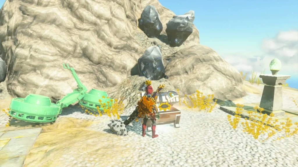 Chest beside rocks and green Zonai wings on a pale sky island Chest beside rocks and green Zonai wings on a pale sky island