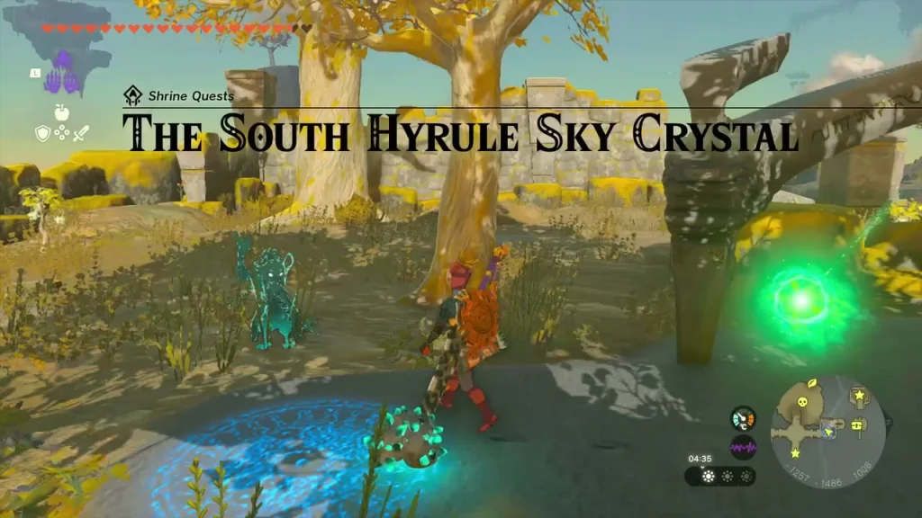 The South Hyrule Sky Crystal quest title over a golden-leaf island The South Hyrule Sky Crystal quest title over a golden-leaf island