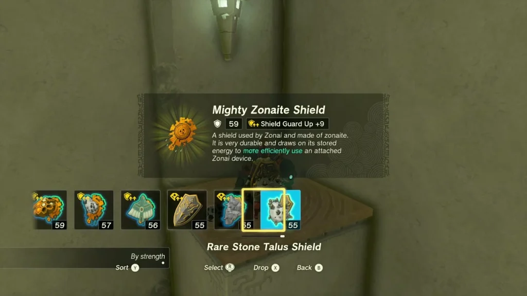 Mighty Zonaite Shield item box above the shield menu Mighty Zonaite Shield item box above the shield menu