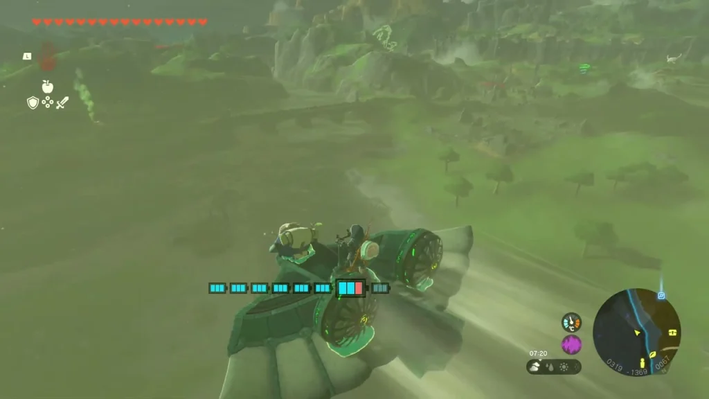 Zonai Wing with a fan gliding over rain-soaked fields Zonai Wing with a fan gliding over rain-soaked fields