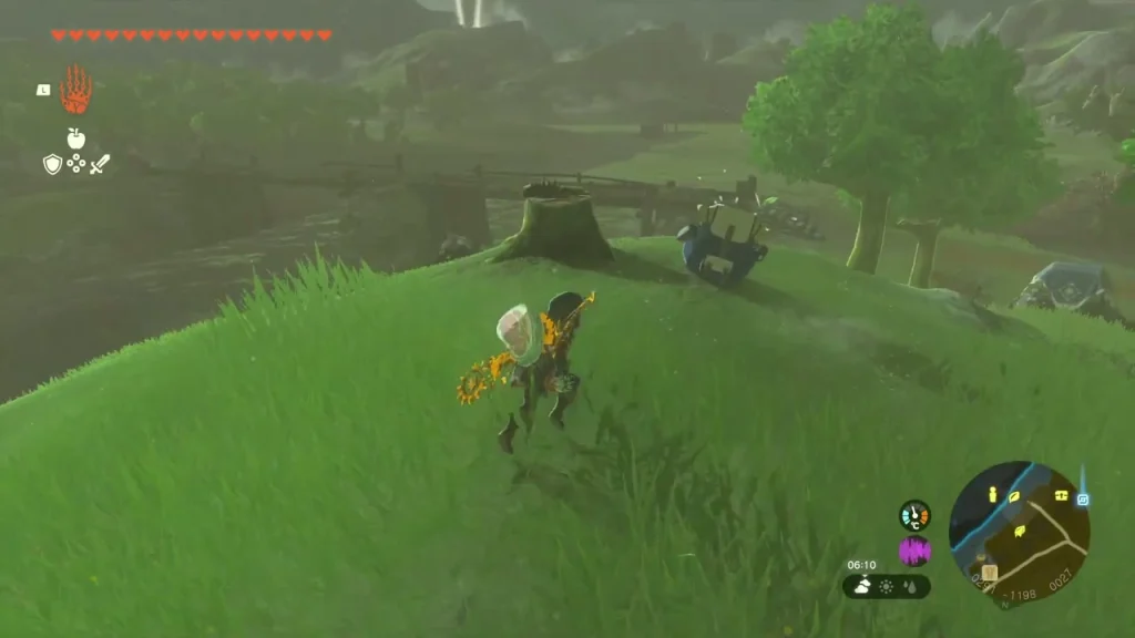 Exhausted Korok resting on a tree stump on a grassy hill Exhausted Korok resting on a tree stump on a grassy hill