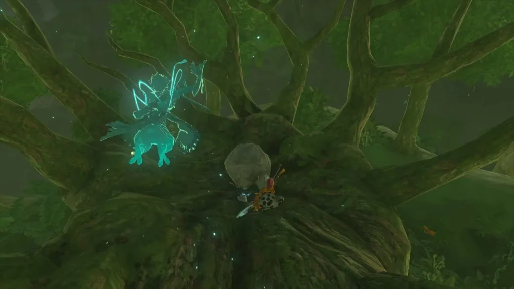 Rock lifted from a hollow among thick tree roots to reveal a Korok Rock lifted from a hollow among thick tree roots to reveal a Korok