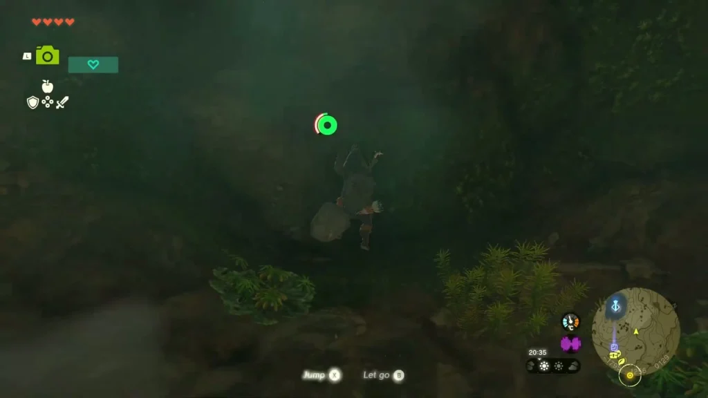 Climbing the rock wall toward the high ledge in the dark cave with Jump and Let go prompts Climbing the rock wall toward the high ledge in the dark cave with Jump and Let go prompts