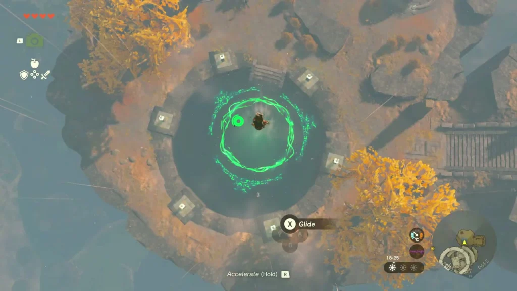 Green ring seen from above as the dive passes over the island ruins Green ring seen from above as the dive passes over the island ruins