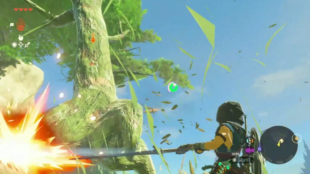Leaves flying from a marked tree trunk as it is cut down Leaves flying from a marked tree trunk as it is cut down