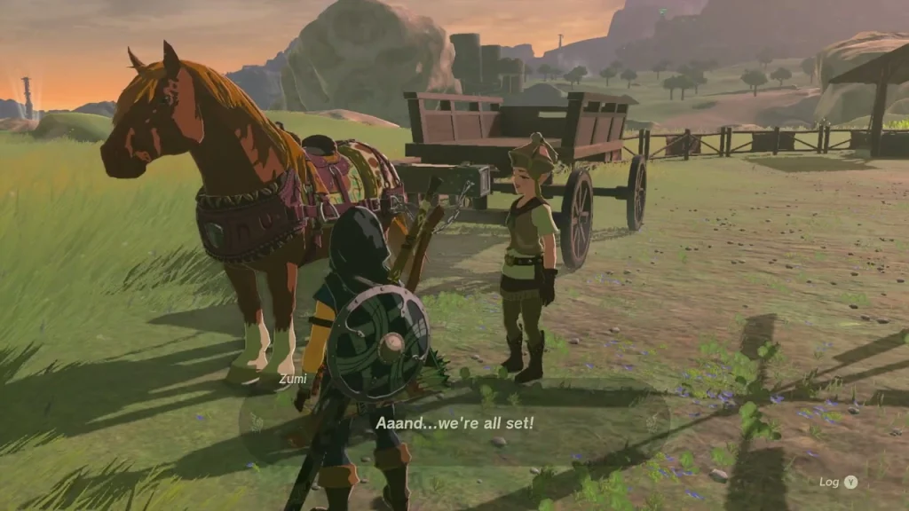 Brown horse harnessed to the repaired wagon beside Zumi at dusk Brown horse harnessed to the repaired wagon beside Zumi at dusk