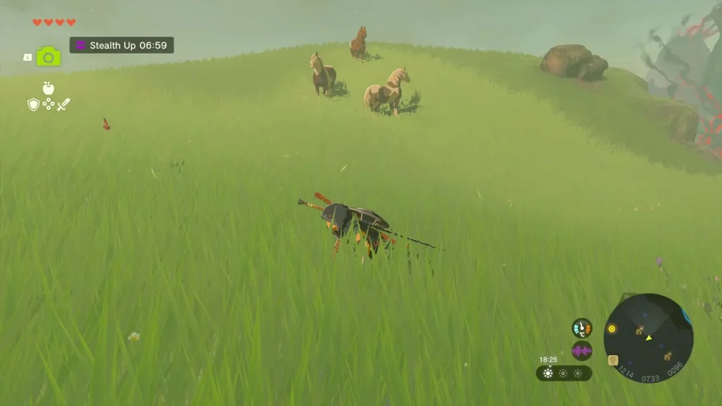 Wild horses grazing in tall grass north of the stable while a Stealth Up effect runs Wild horses grazing in tall grass north of the stable while a Stealth Up effect runs