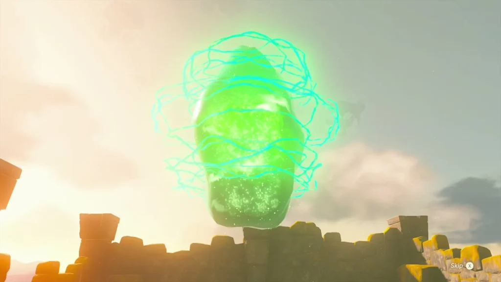 Green glowing shrine rock rising from the pool after the ring dive Green glowing shrine rock rising from the pool after the ring dive