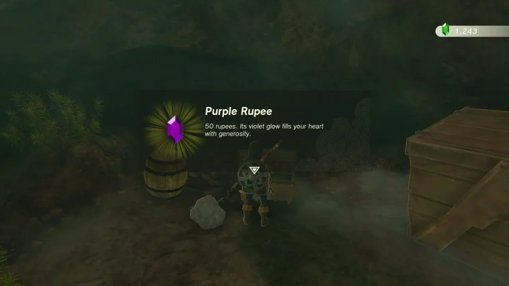 Purple Rupee item box beside barrels and crates in the well cave Purple Rupee item box beside barrels and crates in the well cave