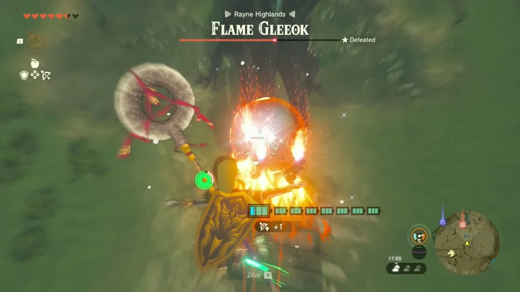 Flame Gleeok circling above the grass with a fused arrow bursting on its heads Flame Gleeok circling above the grass with a fused arrow bursting on its heads