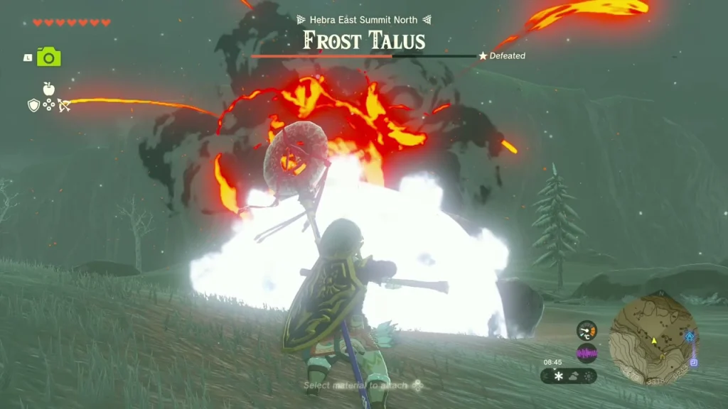 Frost Talus engulfed in a fire explosion on a snowy slope as its ice armor melts Frost Talus engulfed in a fire explosion on a snowy slope as its ice armor melts
