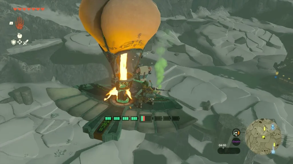 Hot-air balloon craft flying over snowy cliffs carrying the exhausted Korok Hot-air balloon craft flying over snowy cliffs carrying the exhausted Korok